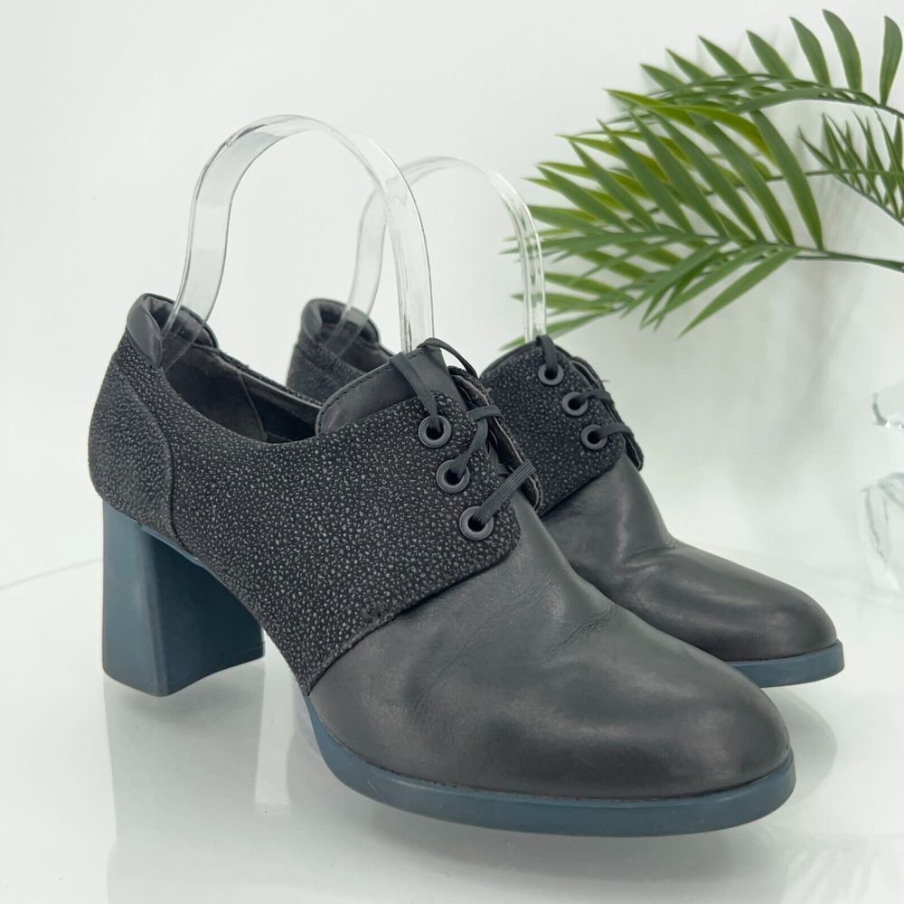 Camper Women Kara Sz 38 7.5 Black Blue Block Heel Oxford Leather Casual Lace Up